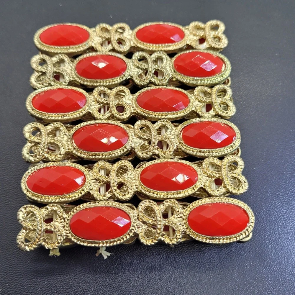 Vintage Style Red‎ Faux Coral Gold Tone Filigree Wide Stretch Cuff Bracelet 3in